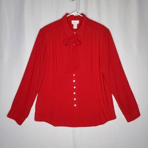 Jordan Bow Tie Neck Button Collar Top Women XL Red Chiffon Old Money Feminine